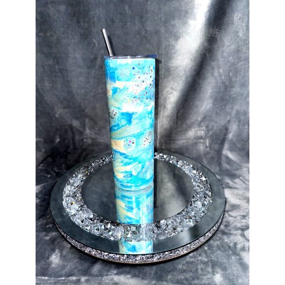 Alcohol Ink Tumbler Blue White & Glitter Swirl Stainless Cup Lid & Straw - Picture 3 of 12